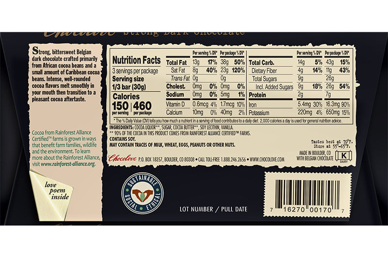 Chocolove Bar Dark Chocolate Strong